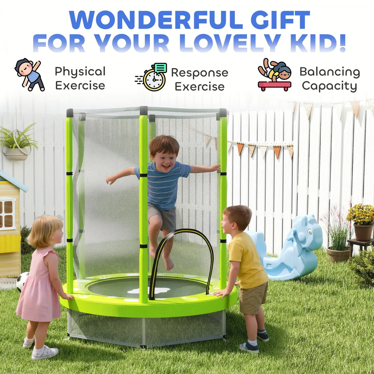 AIYAPLAY 4.6ft Toddler Trampoline w/ Safety Enclosure Net, for Indoor Outdoor Use, Ages 3-6 Years, Green