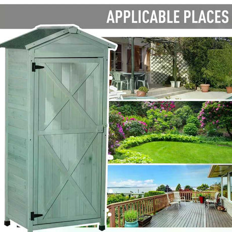 Outsunny Wooden Garden Shed, Outdoor Storage Cabinet with 2 Shelves and Hooks, Locking Organiser Outdoor Narrow Tool House, 74x55x155cm, Green
