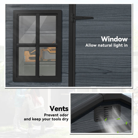 Outsunny 8 x 4 ft Resin Garden Shed, Wood-Effect Outdoor Storage Shed with Floor, Windows, Lockable Doors and Vents, Dark Grey
