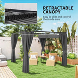 Outsunny 3 x 3(m) Retractable Pergola, Garden Gazebo Shelter with Curtains, for Grill, Patio, Deck, Charcoal Grey