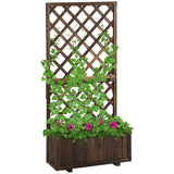 Outsunny 72.5 x 31.5 x 149.5 cm 45L Garden Wooden Pine Trough Planter with Topped Trellis Climbing Plants Flower Raised Bed, Carbonised Finish