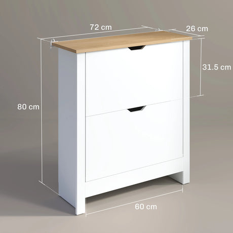 HOMCOM Slim Shoe Cabinet, Narrow Shoe Cupboard with 2 Flip Drawers, Adjustable Shelves for 12 Pairs of Shoes, High Gloss White