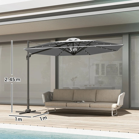 Outsunny 3(m) Cantilever Roma Parasol Patio Sun Umbrella with Crank & Tilt LED Solar Light Cross Base 360 Rotating Outdoor, Dark Grey
