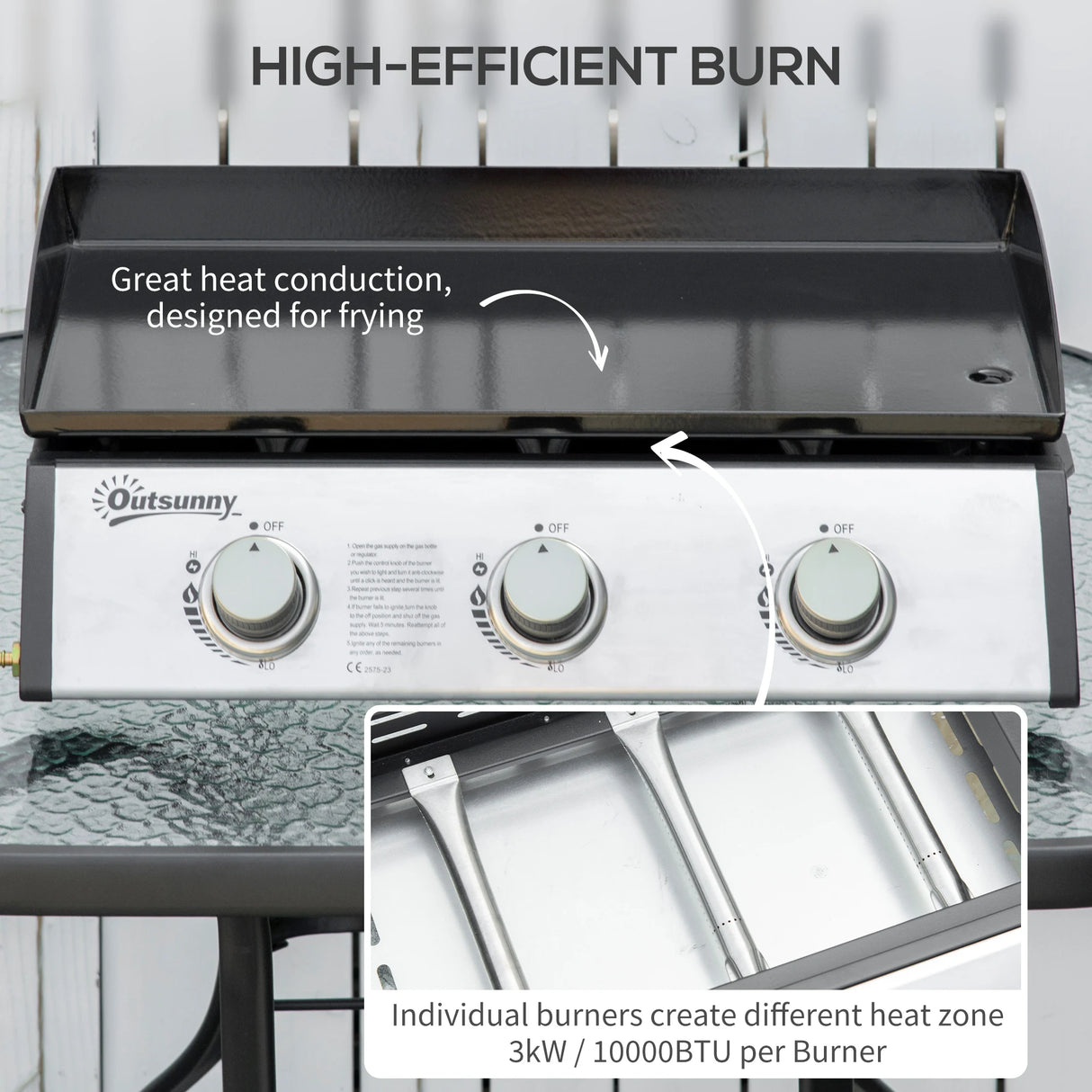 Outsunny Gas Plancha Barbecue Grill with 3 Stainless Steel Burner, 9kW, Portable Tabletop Gas BBQ with Non-Stick Griddle for Camping Picnic Garden Party Festival