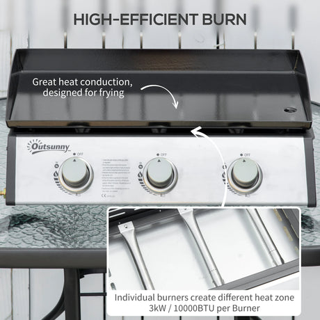 Outsunny Gas Plancha Barbecue Grill with 3 Stainless Steel Burner, 9kW, Portable Tabletop Gas BBQ with Non-Stick Griddle for Camping Picnic Garden Party Festival