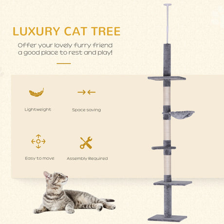 PawHut Floor to Ceiling Cat Tree Height Adjustable 230-260cm, 5-Tier Cat Tower with Scratching Post, Hammock, Perches, Climbing Activity Centre for Indoor Kittens, Grey