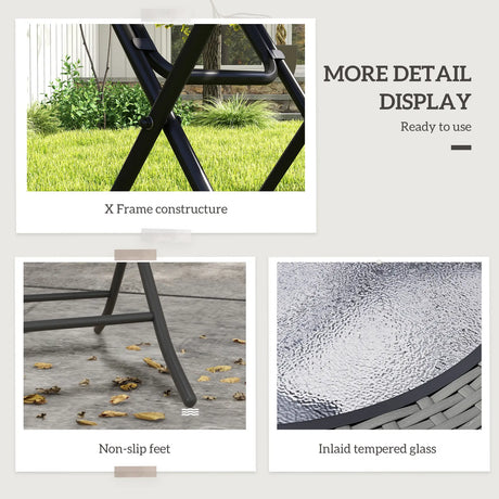 Outsunny Folding Rattan Garden Dining Table, 68 cm Round Rattan Garden Table with Water Ripple Tempered Glass Top, Wicker Edging  and Steel Frame for Outdoor, Patio, Grey