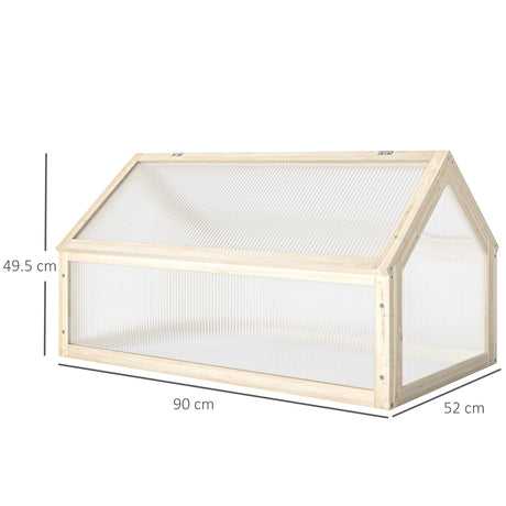Outsunny Wooden Cold Frame Garden Polycarbonate Greenhouse with Openable Top Cover, Grow House for Flowers, Vegetables, Plants, 90 x 52 x 50cm, Natural