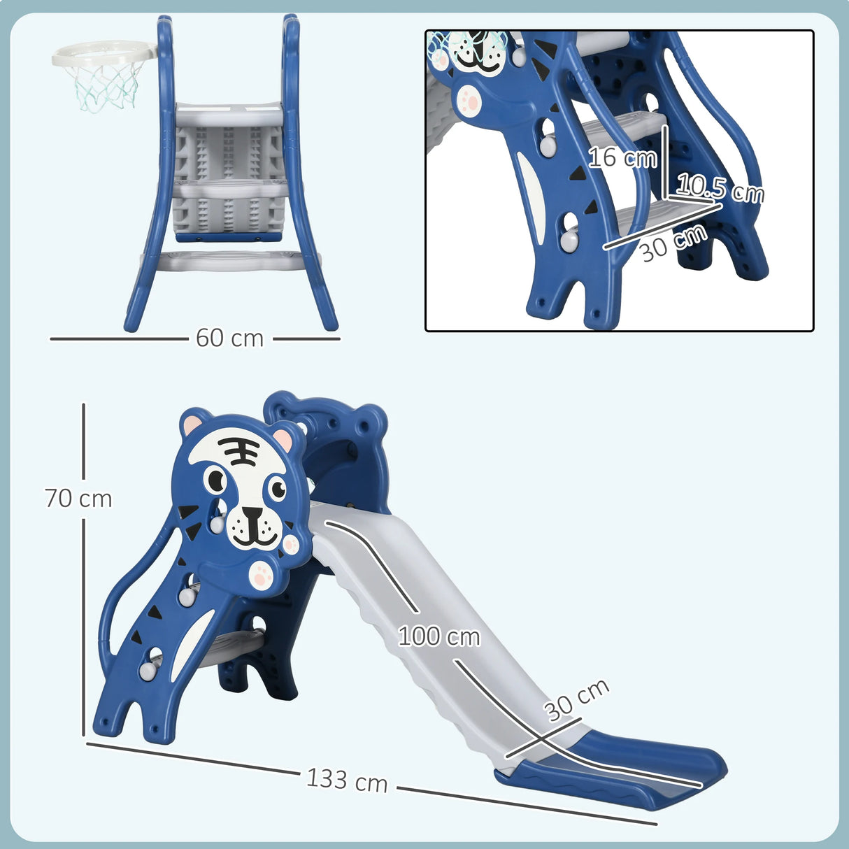 AIYAPLAY 3 in 1 Baby Slide for Indoor Use with Climber, Basketball Hoop, Basketball, for Ages 18-36 Months - Blue