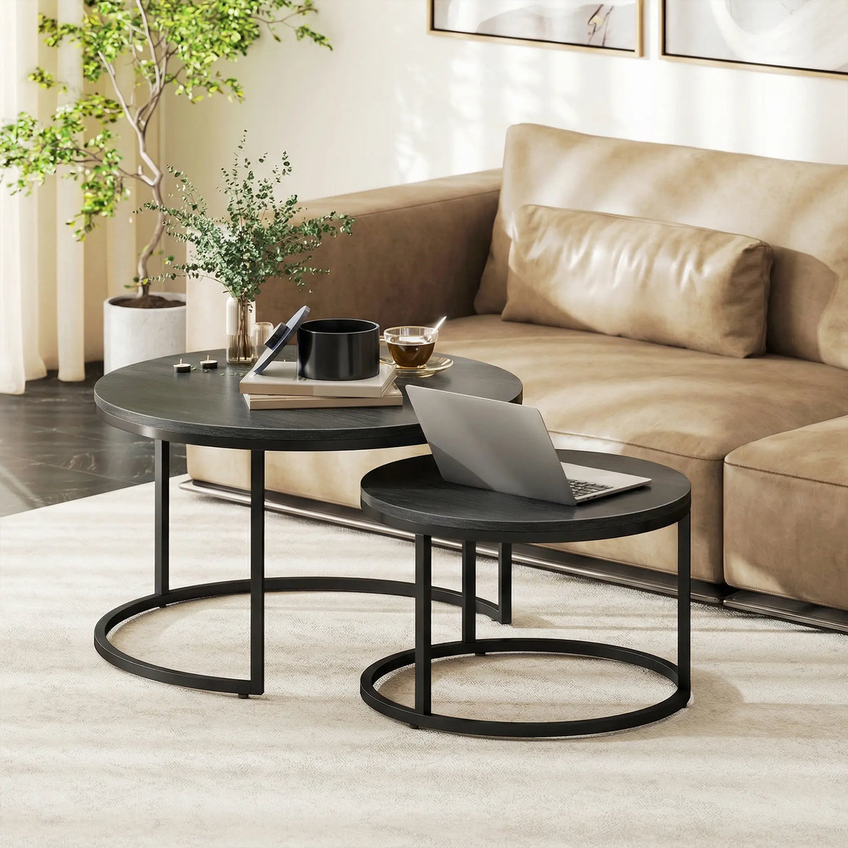 HOMCOM Set of Two Wood-Effect Stacking Tables - Black Wood Grain