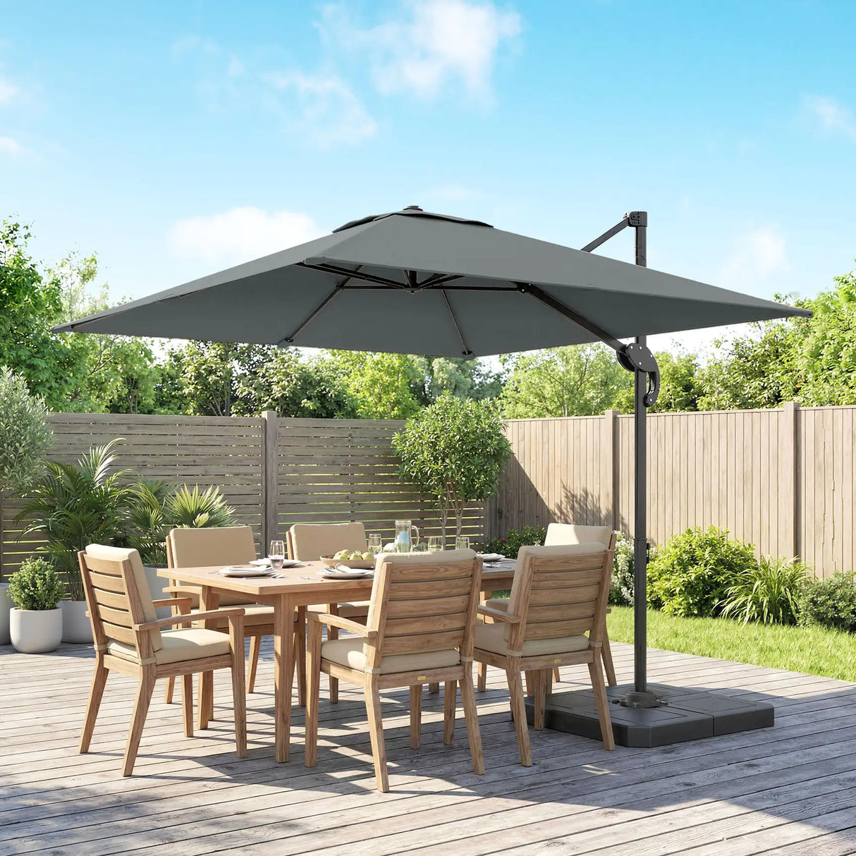 Outsunny 2.4 x 2.4m Cantilever Parasol with Umbrella Weights, UPF50+ Offset Outdoor Umbrella w/ Easy Tilt Adjustment, Dark Grey