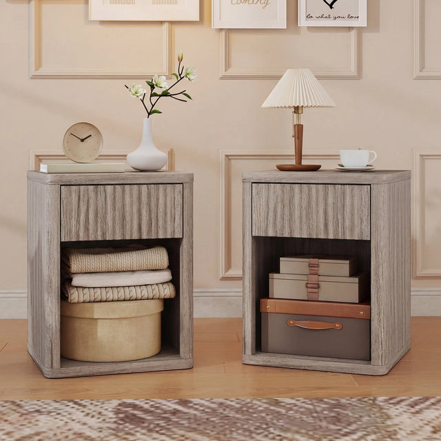 HOMCOM Modern Bedside Table Set of 2, Bedside Cabinet with Drawer and Open Shelf, Side End Table, Nightstand for Bedroom, Oak