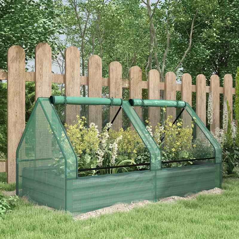 Outsunny Metal Planter Box with Cover, Raised Garden Bed with Greenhouse, for Herbs and Vegetables, Green and Dark Grey