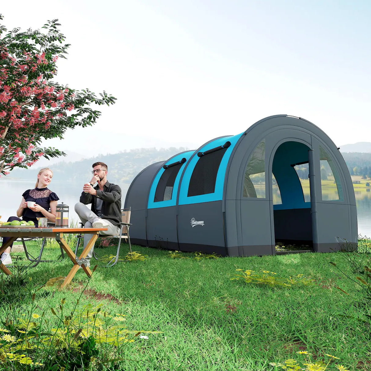 Outsunny Six Man Duo Room Tunnel Tent, with Accessories - Grey/Blue