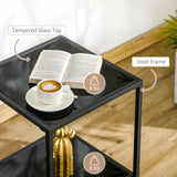 HOMCOM Tempered Glass Side Table with Storage, Modern 2-Tier Bedside Table with Steel Frame, Black