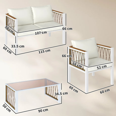 Outsunny 4 Piece Rattan Garden Furniture Set with Loveseat, 2 Armchairs, Table, Metal Frame Patio Conversation Set, Cream White