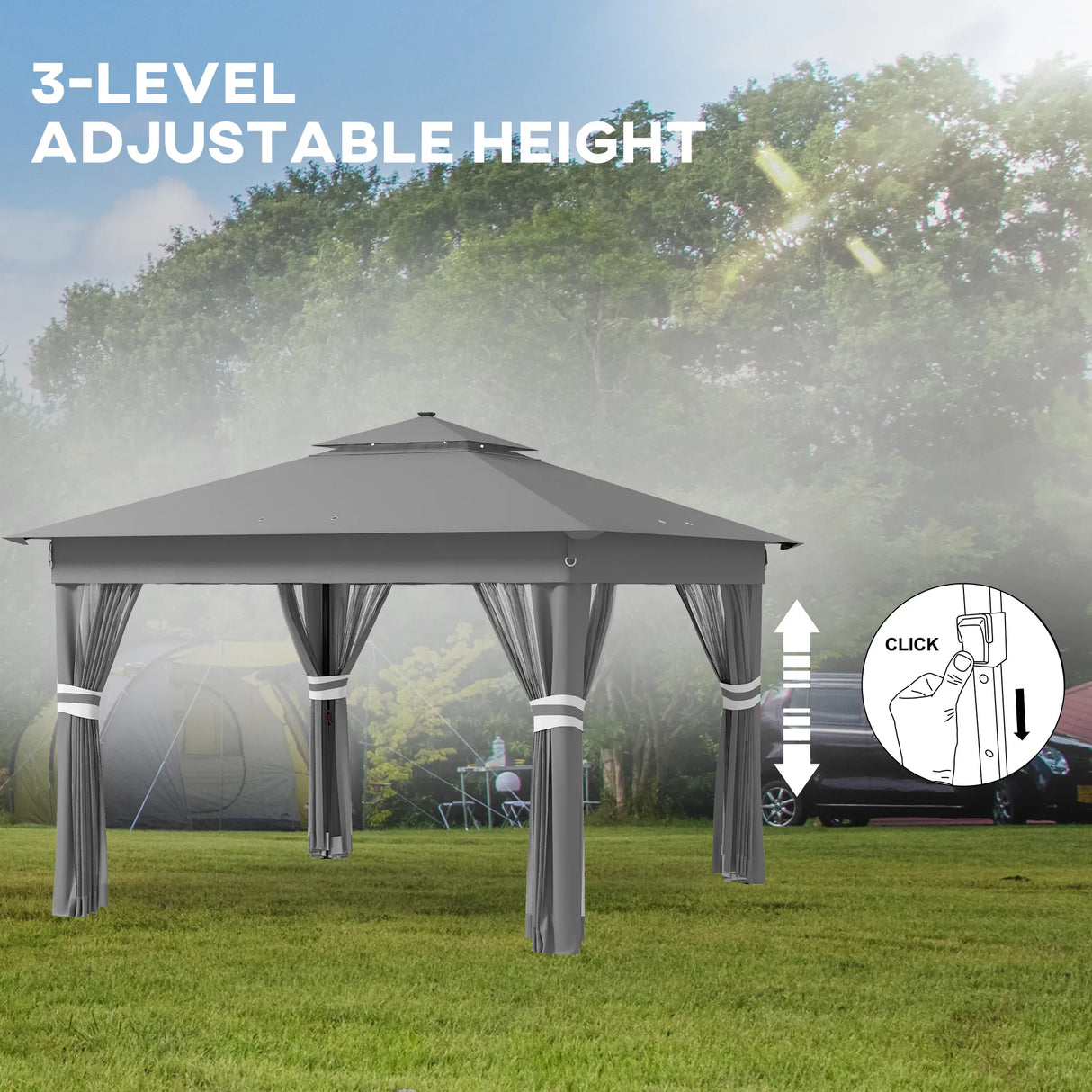 Outsunny 3.36 x 3.36m Pop Up Gazebo Party Tent with Solar-Powered LED Lights, Adjustable Event Shelter with Netting, Grey