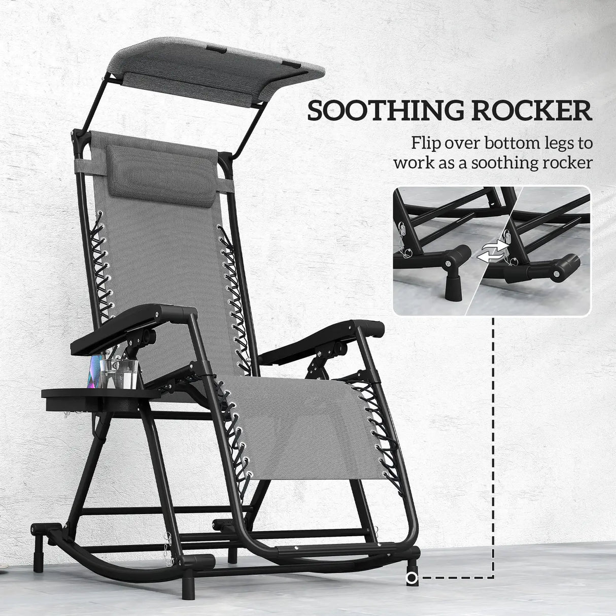 Outsunny Garden Rocking Chair Folding Recliner Outdoor Adjustable Sun Lounger Rocker Zero-Gravity Seat with Headrest Side Holder Patio Deck - Grey