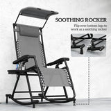 Outsunny Garden Rocking Chair Folding Recliner Outdoor Adjustable Sun Lounger Rocker Zero-Gravity Seat with Headrest Side Holder Patio Deck - Grey