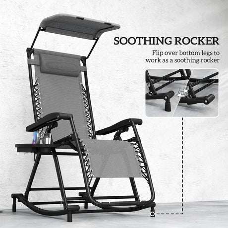 Outsunny Garden Rocking Chair Folding Recliner Outdoor Adjustable Sun Lounger Rocker Zero-Gravity Seat with Headrest Side Holder Patio Deck - Grey