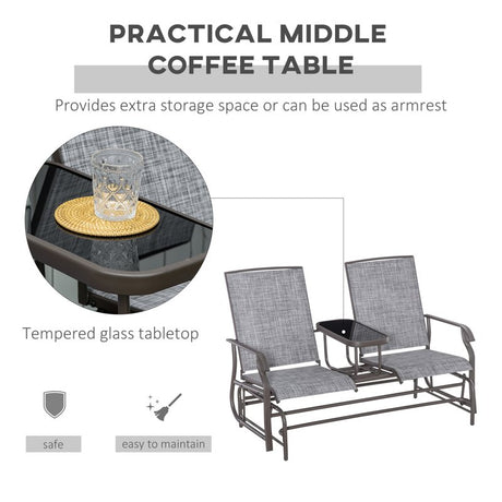 Outsunny 2 Seats Garden Glider Bench, Metal Frame Loveseat with Glass Top  Centre Table, Porch Rocking Glider for 2 Person, for Deck, Patio, Brown/ Grey