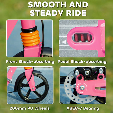 AIYAPLAY Kids Scooter with Four-Level Adjustable Handlebar, Dual Brake System, 200mm Wheels, ABEC-7 Bearings, Pink