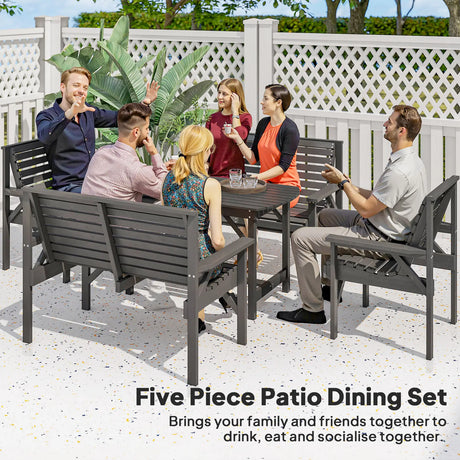Outsunny 5 Piece Wooden Garden Dining Set for 6, Outdoor Conversation Set with 2 Armchairs, 2 Loveseats and Dining Table with Umbrella Hole for Patio, Balcony, Grey
