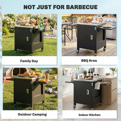 Outsunny Outdoor Grill Cart with Stainless Steel Tabletop, BBQ Table with a Cabinet, Towel Holder, Bottle Opener, Black