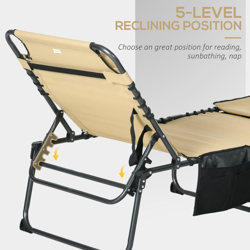 Outsunny Folding Sun Lounge with 5-level Reclining Back, Outdoor Tanning Chair with Reading Hole, Outdoor Sun Lounge with Side Pocket, Headrest, for Beach, Yard, Patio, Beige