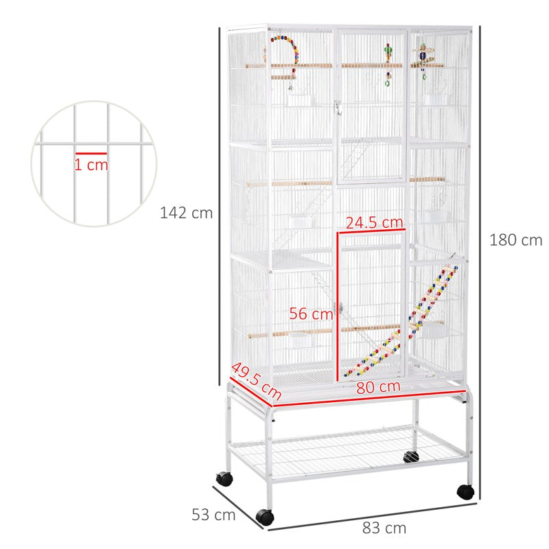 PawHut Large Bird Cage Budgie Cage 3 Tier Aviary with Stand Wheels, Toys, Ladders, Shelf for Canaries, Finches, Cockatiels, Parakeets - White