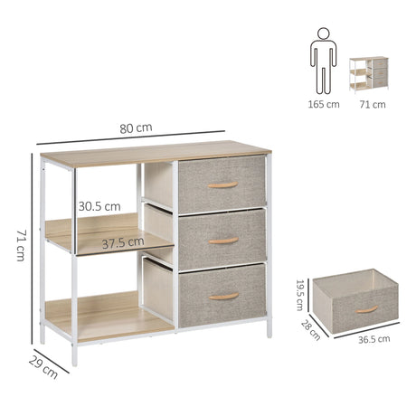 HOMCOM Chest of Drawers Storage  Dresser Cabinet Organizer with 3 Fabric Drawers and 2 Display Shelves for Living Room, Bedroom, Hallway, Beige