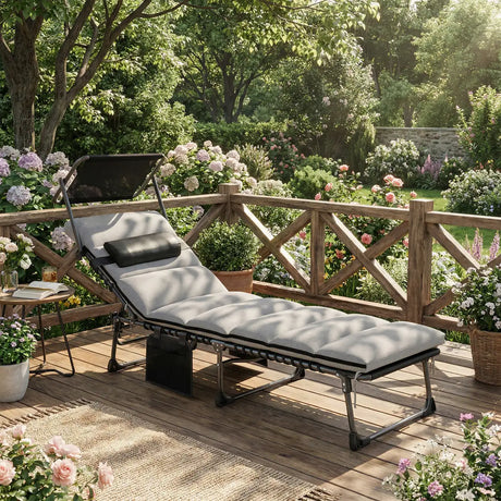 Outsunny Folding Sun Lounger with Canopy, Reclining Sunbed with Cushion, Side Pocket, Carrying Handle, Light Grey
