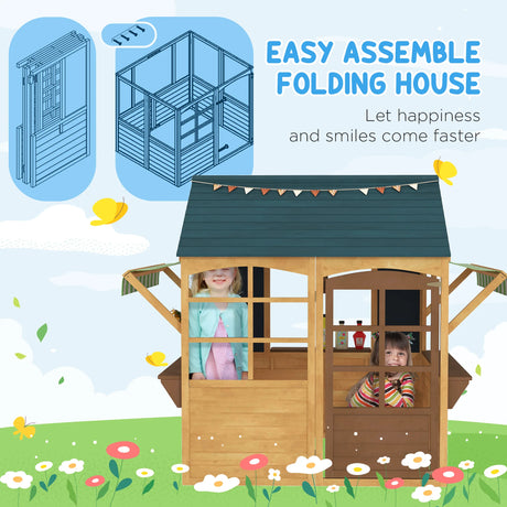 AIYAPLAY Wooden Playhouse for Kids, Foldable Wendy House with Windows, Working Door, Service Stations, Rain Covers, Brown