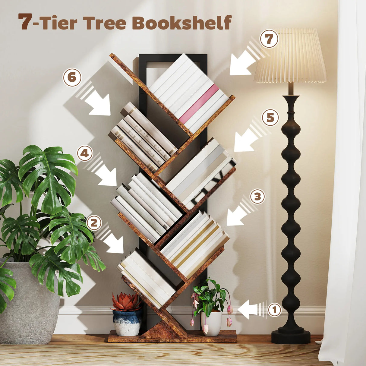 HOMCOM Six-Section Tree Bookcase - Wood-Effect