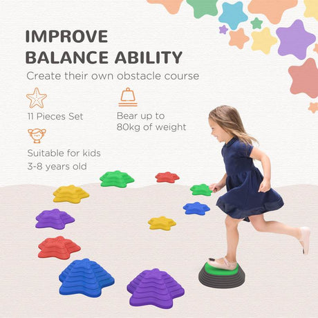 ZONEKIZ Kids Stepping Stones, 11 Pieces Balance River Stones for Obstacle Course, Stackable Non-Slip Starfish Shape, Sensory Play for Indoors, Outdoors