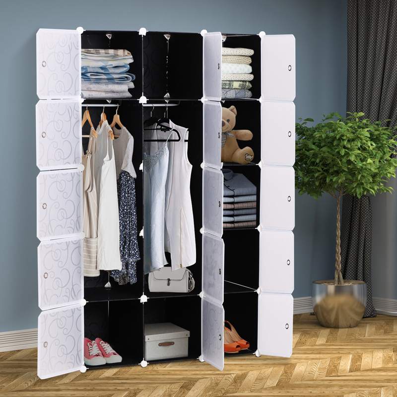 HOMCOM Portable Wardrobe for Bedroom, 15 Cube Closet with Hanging Rail, Modular Storage Cabinet, Plastic Armoire for Space Saving, White and Black