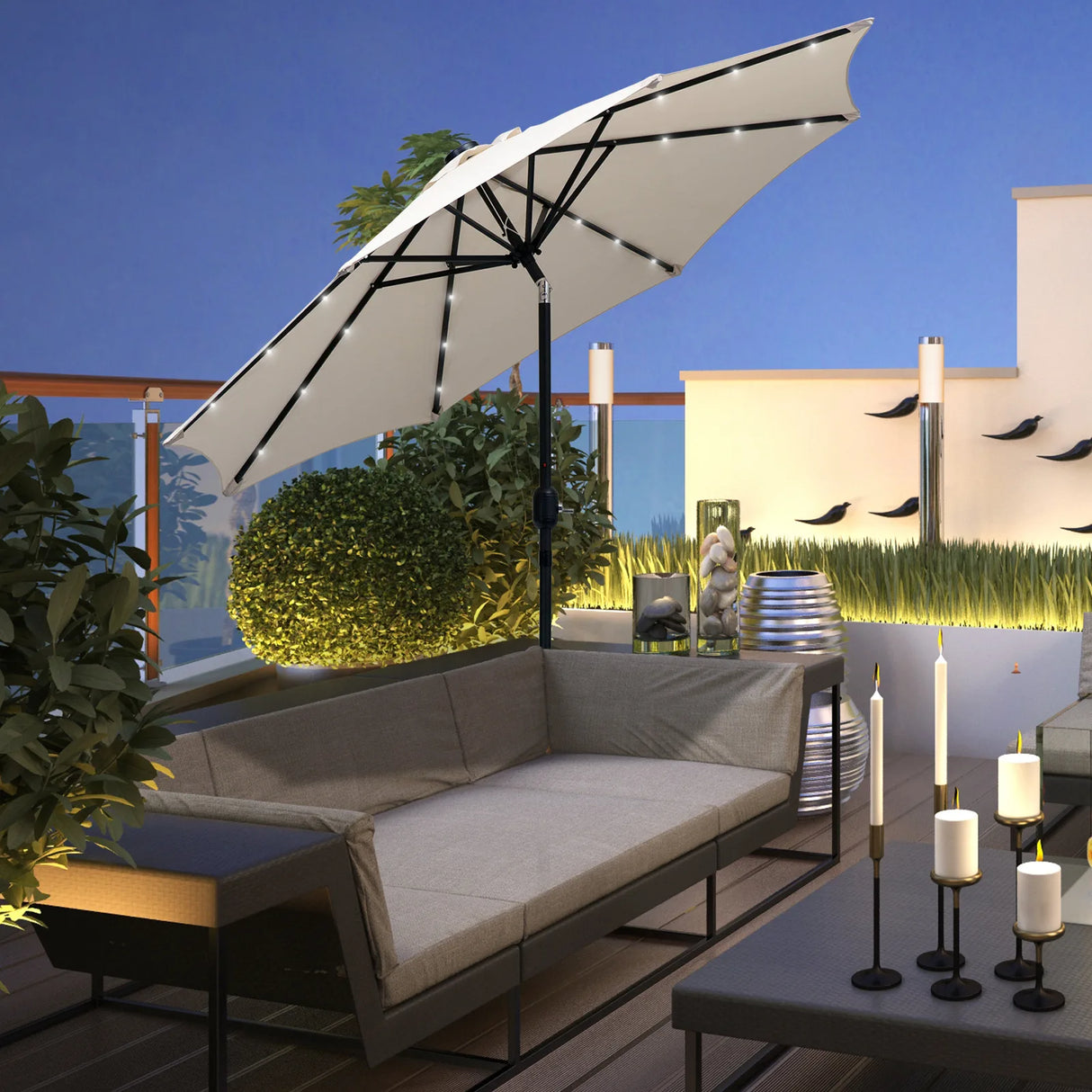 Outsunny 2.7m Patio Garden Umbrella Outdoor Parasol with Tilt Crank and 24 LEDs Lights (Cream)