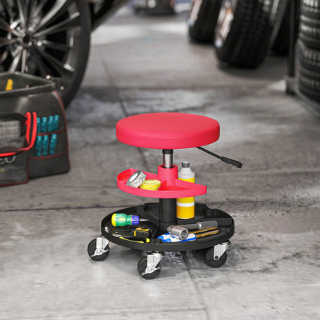 HOMCOM Rolling Mechanic Stool, 135kg Capacity Workshop Stool, 360 Swivel Roller Padded Creeper Seat with Wheels, Tool Trays Storage for Garage, Shop, Auto Repair, Red