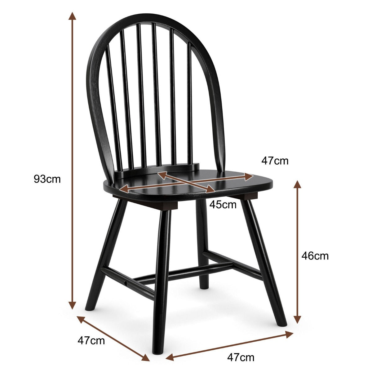 Set of 2 Vintage Windsor Wood Chair with Spindle Back for Dining Room-Black