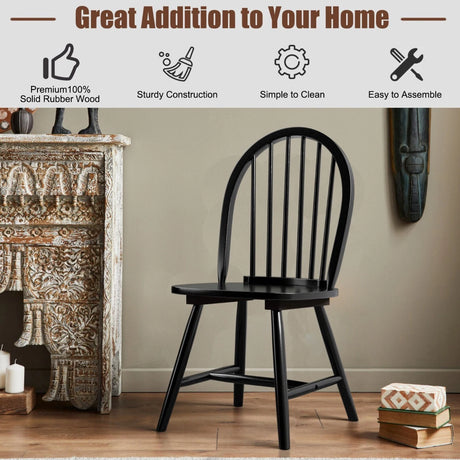 Set of 2 Vintage Windsor Wood Chair with Spindle Back for Dining Room-Black