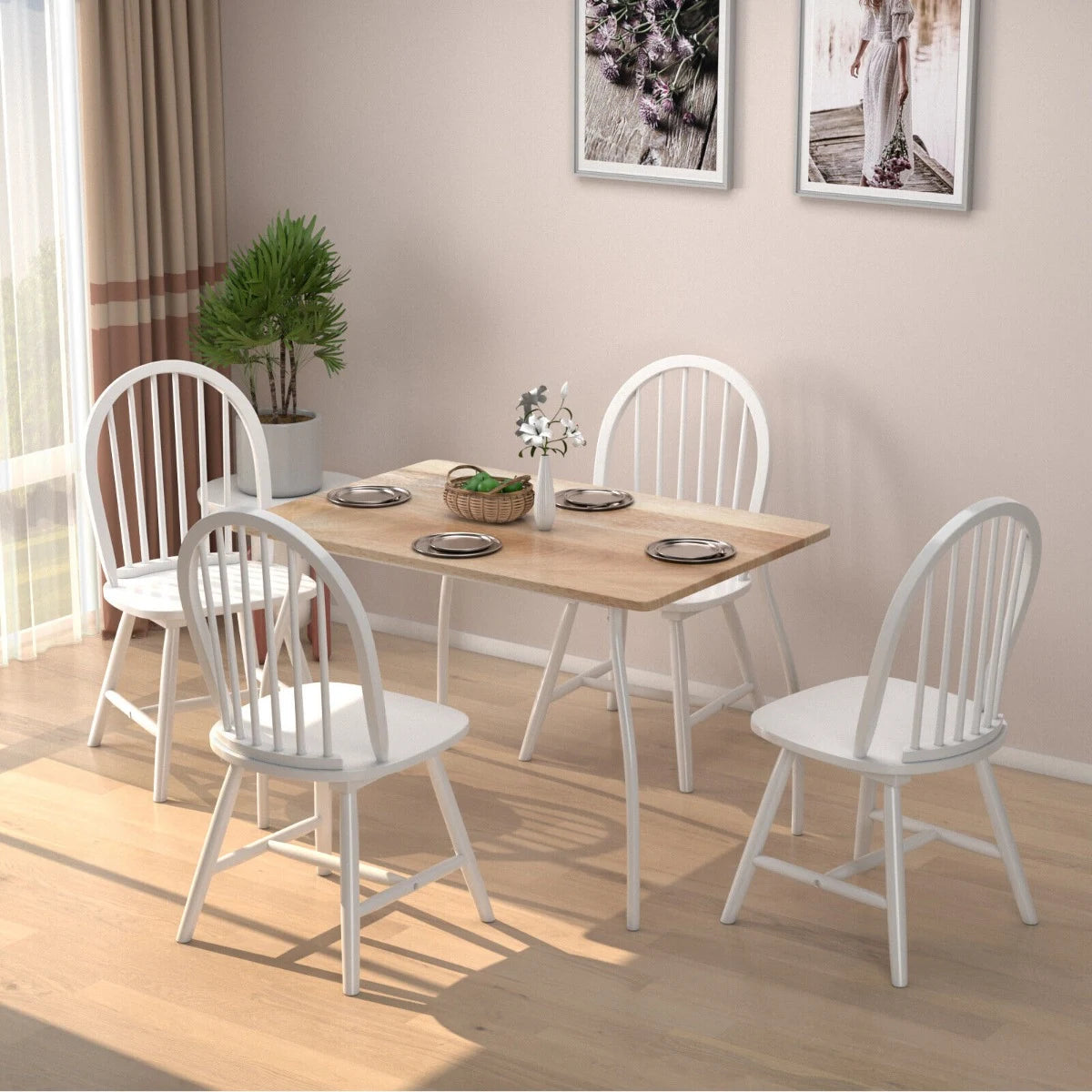 Set of 2 Vintage Windsor Wood Chair with Spindle Back for Dining Room-White