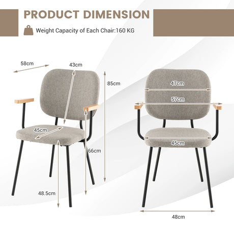 Set of 2 Modern Fabric Dining Chairs with Armrest and Curved Backrest