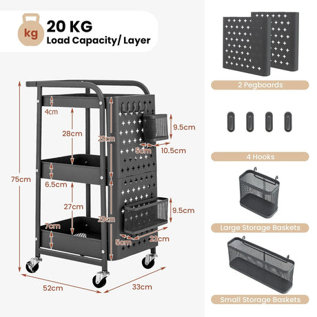Kitchen Storage Trolley Cart with 3-Tier Shelves-Grey