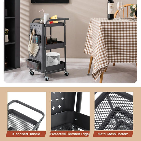 Kitchen Storage Trolley Cart with 3-Tier Shelves-Grey