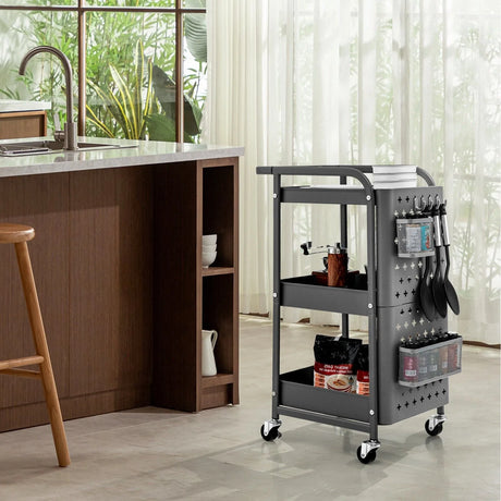 Kitchen Storage Trolley Cart with 3-Tier Shelves-Grey