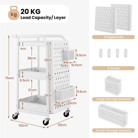 Kitchen Storage Trolley Cart with 3-Tier Shelves-White