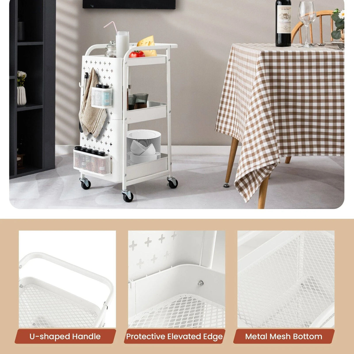 Kitchen Storage Trolley Cart with 3-Tier Shelves-White