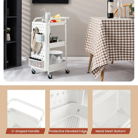 Kitchen Storage Trolley Cart with 3-Tier Shelves-White