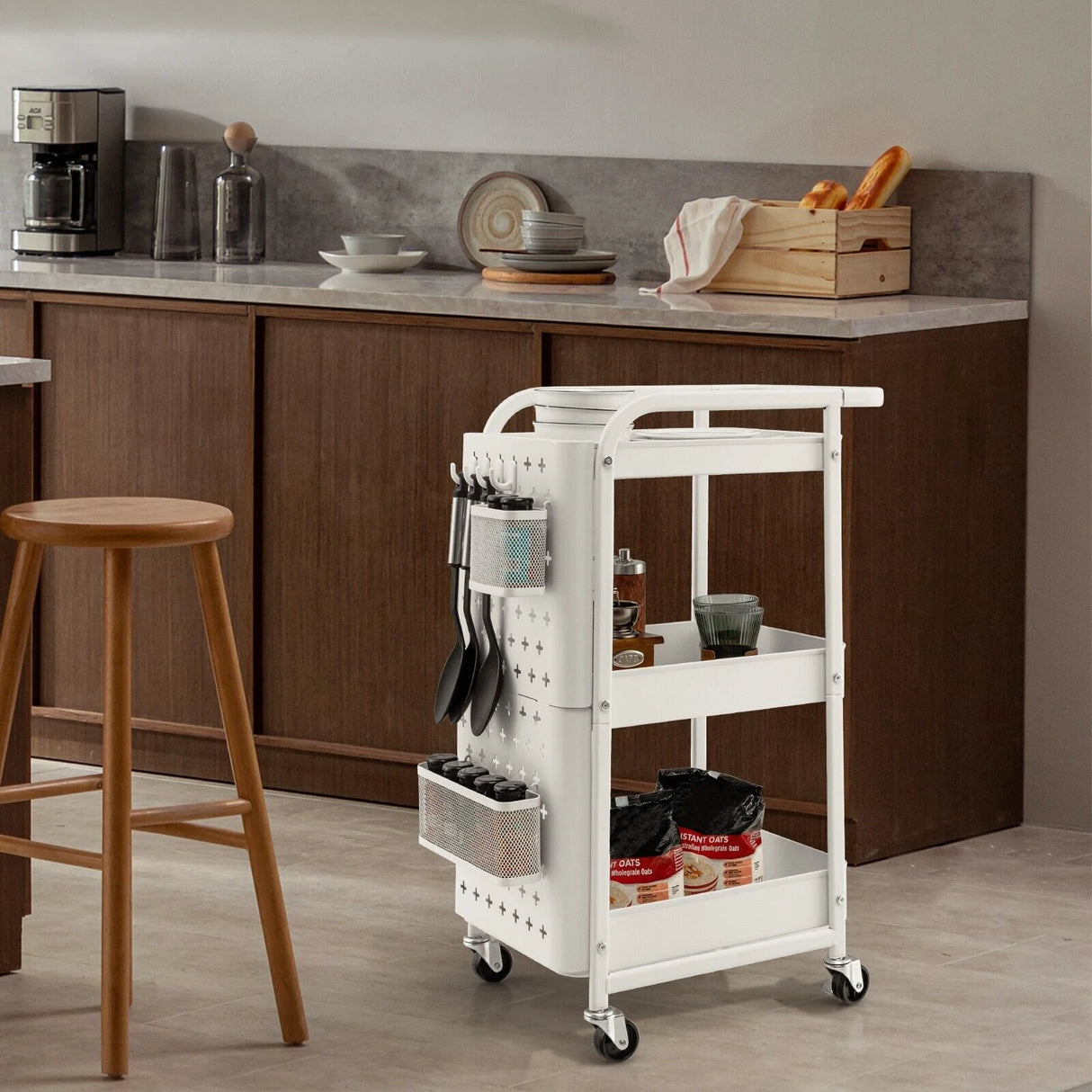 Kitchen Storage Trolley Cart with 3-Tier Shelves-White