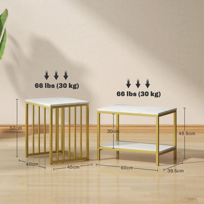 HOMCOM Modern Coffee Table Set of Two, Marble-Effect Nesting Side Tables with Steel Frame for Living Room, Gold Tone